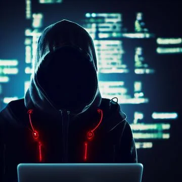 Hacker in black clothes with hidden face looks at laptop screen. Stock Illustration