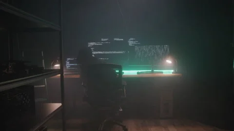 Hacker in Black Clothes Looking at Several Different Computer Screens Stock Footage 208787666
