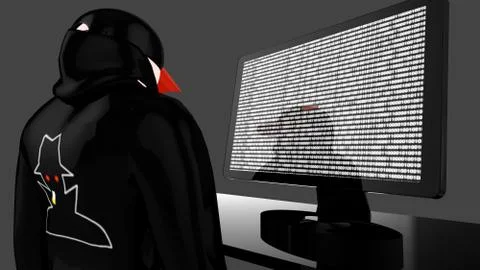 Hacker with black coat and baseball cap spying Stock Illustration