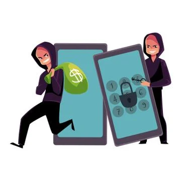 Hacker in black cracking smartphone, breaking pin code, stealing money Stock-Illustration
