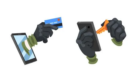 Hacker in Black Gloves Breaking Password and Mobile Security Vector Set Stock Illustration