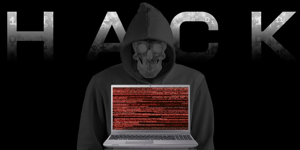 Hacker in black hood on binary background Code containing a binary stream Stock Illustration