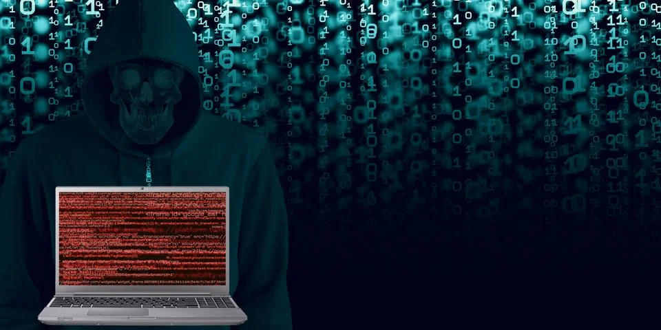 Hacker in black hood on binary background Code containing a binary stream Stock Illustration