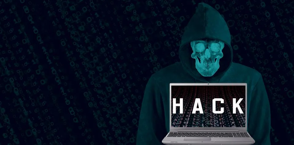 Hacker in black hood on binary background Code containing a binary stream and Stock Illustration