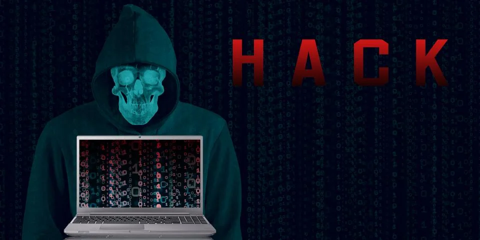 Hacker in black hood on binary background Code containing a binary stream and Stock Illustration