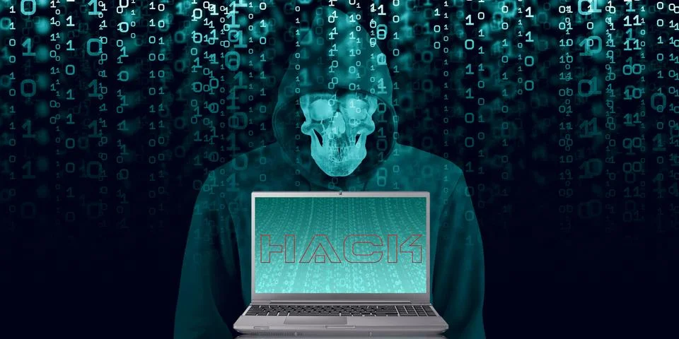 Hacker in black hood on binary background Code containing a binary stream and Stock Illustration