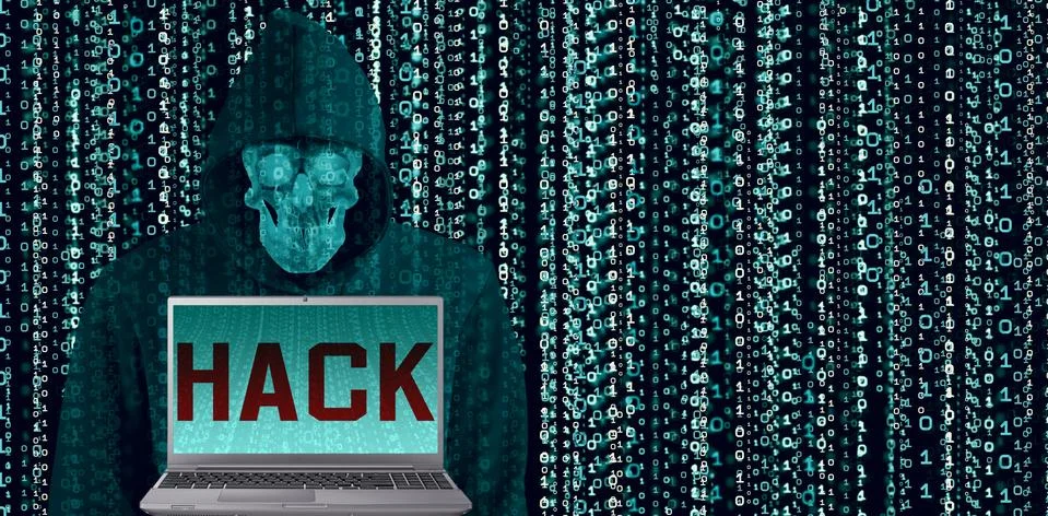 Hacker in black hood on binary background Code containing a binary stream and Stock Illustration