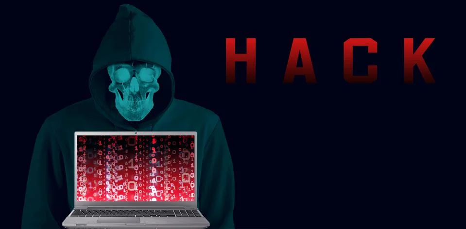 Hacker in black hood on binary background Code containing a binary stream and Stock Illustration