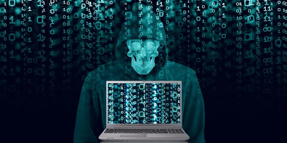 Hacker in black hood on binary background Code containing a binary stream and Stock Illustration