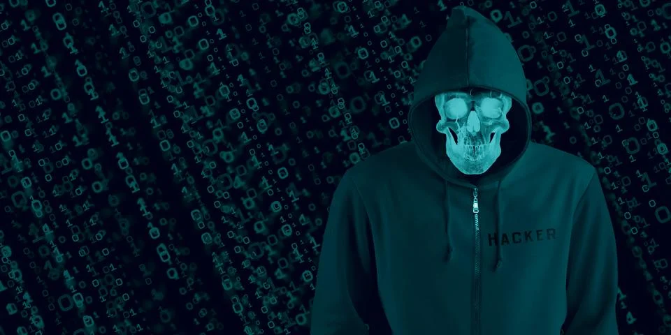 Hacker in black hood on binary background Code containing a binary stream and Stock Illustration
