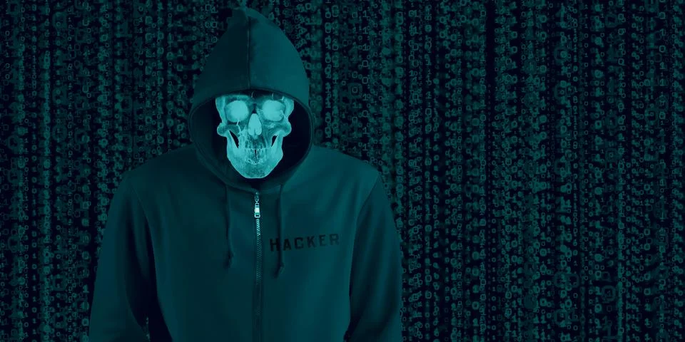 Hacker in black hood on binary background Code containing a binary stream and Stock Illustration