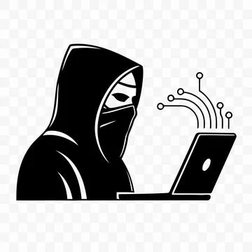 Hacker in black hoodie using laptop with circuit lines, cybercrime concept 库存插图