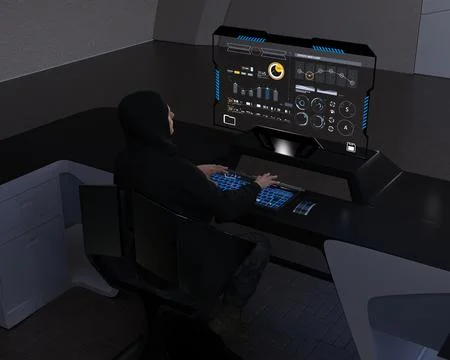 Hacker in black hoodie working in front of computer Stock Illustration