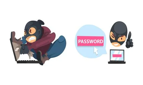 Hacker in Black Mask Breaking Password and Mobile Security Vector Set Illustrazione stock