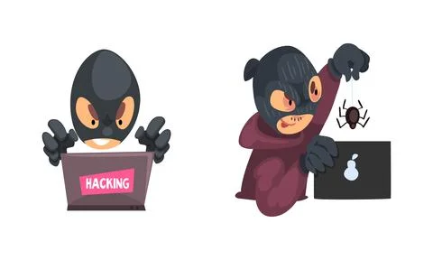 Hacker in Black Mask Breaking Password and Mobile Security Vector Set Illustrazione stock