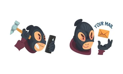 Hacker in Black Mask Breaking Password and Mobile Security with Hammer Vector Stock Illustration