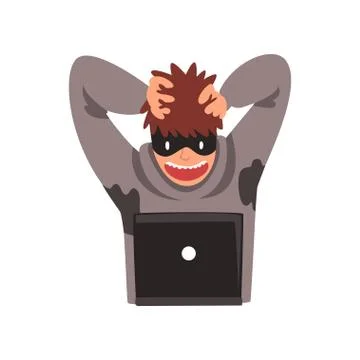 Hacker in Black Mask with Laptop, Internet Crime, Computer Security Technology イラスト素材