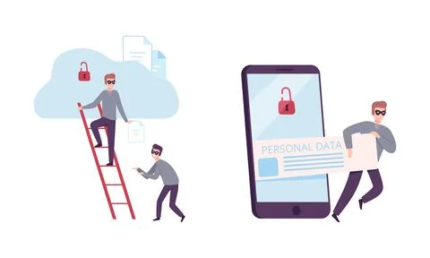 Hacker in Black Mask Stealing Personal Data with Phishing Site Vector Set Stock Illustration