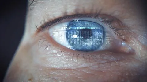 Hacker with blue colored iris and computer code. Graphics 스톡 사진
