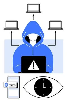 Hacker in blue hood working on laptop with alert icon, connecting multiple de Illustrazione stock
