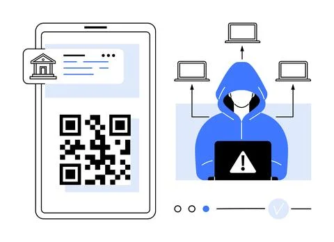 Hacker in blue hoodie accessing data from laptop with alert symbol. QR code o Stock Illustration