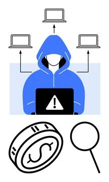 Hacker in blue hoodie using laptop with warning sign, surrounded by connected 스톡 일러스트