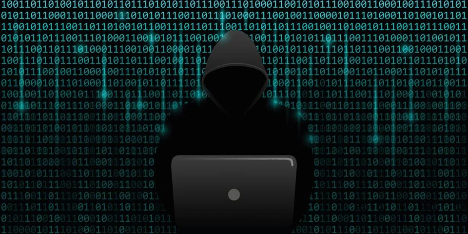 Hacker an blue matrix binary code web background cyber crime Stockillustratie