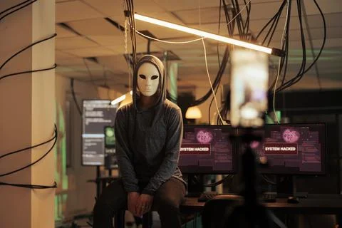 Hacker breaking into computer system, attacking database Fotos de archivo