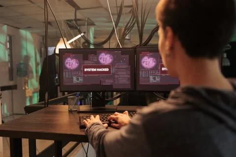 Hacker breaking into computer system, hacking bank account Stock Photos