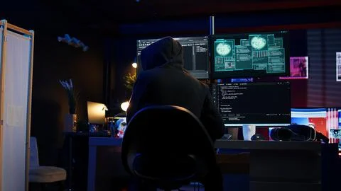 Hacker breaking down security systems defenses using rogue scripts Stock Photos