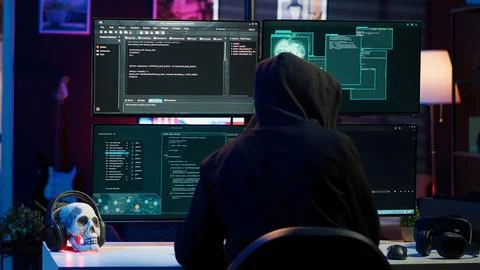 Hacker breaking down security systems defenses using rogue scripts Stockfoto's