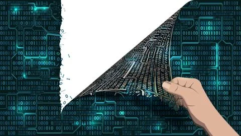 Hacker breaks abstract computer system, tears a binary array matrix cyberspace イラスト素材