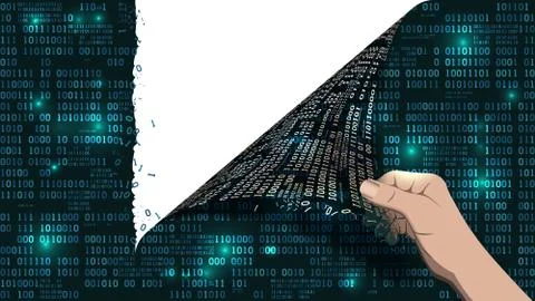 Hacker breaks abstract computer system, tears a binary array matrix cyberspace Stockillustratie