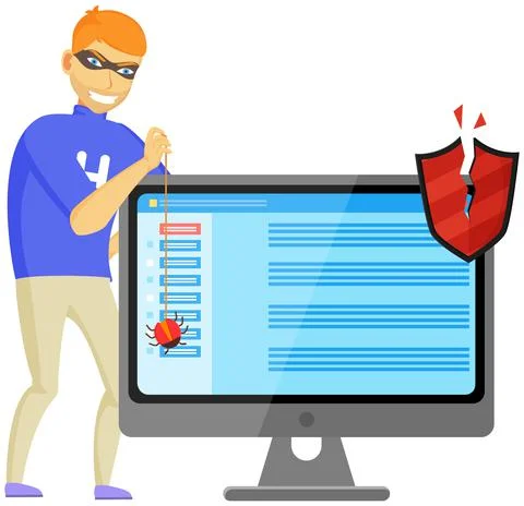 Hacker breaks into computer. Cyber attacker trying to hack PC. Breaking system イラスト素材