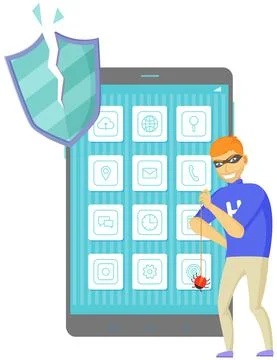 Hacker breaks into smartphone, cracks apps, hacking protection system. Cyber Stockillustratie