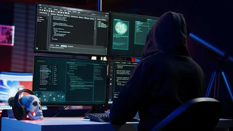 Hacker building script able to trick firewalls, close up Stock Photos