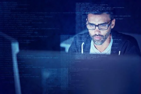 Hacker, code and overlay with man and computer for scam, cyber security and Stock-Fotos