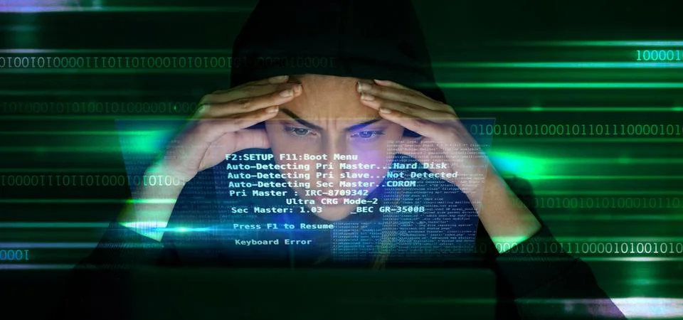 Hacker, code and stress with cyber crime, fear of getting caught and double 스톡 사진