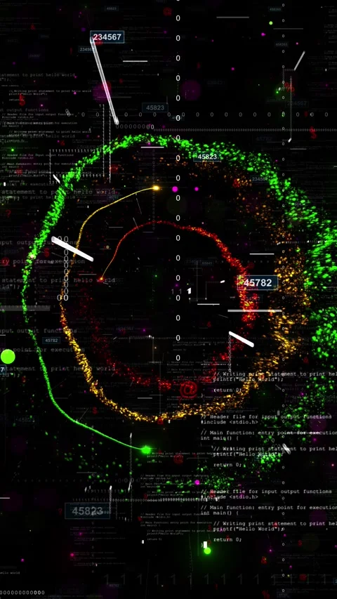 Hacker code circle visual with dark digital , gold particle arc, binary data Stock Footage 340084505