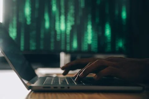 Hacker code in laptop. Cyber security, privacy or hack threat. Coder or pro.. Stock-Fotos