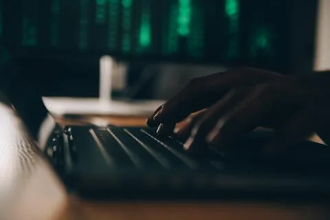 Hacker code in laptop. Cyber security, privacy or hack threat. Coder or pro.. 스톡 사진