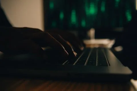 Hacker code in laptop. Cyber security, privacy or hack threat. Coder or pro.. Stock-Fotos