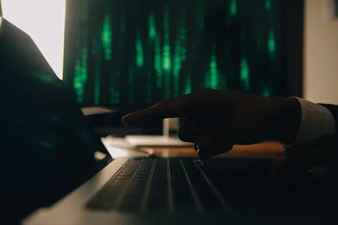 Hacker code in laptop. Cyber security, privacy or hack threat. Coder or pro.. 写真素材