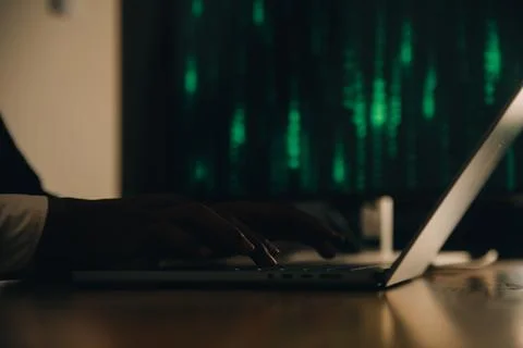 Hacker code in laptop. Cyber security, privacy or hack threat. Coder or pro.. Foto stock