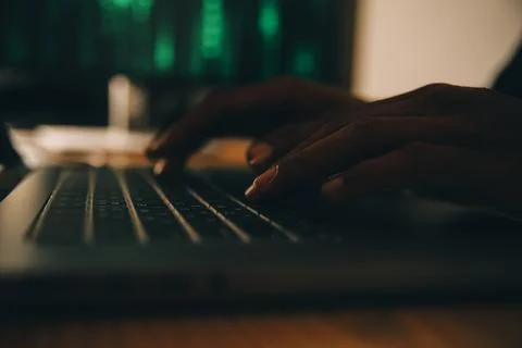 Hacker code in laptop. Cyber security, privacy or hack threat. Coder or pro.. Foto stock