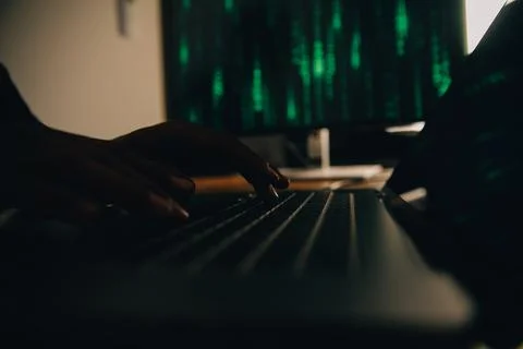 Hacker code in laptop. Cyber security, privacy or hack threat. Coder or pro.. Foto stock