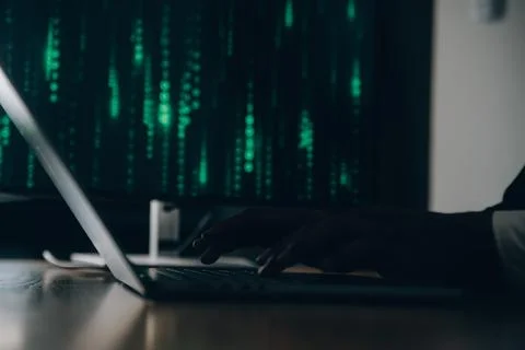 Hacker code in laptop. Cyber security, privacy or hack threat. Coder or pro.. Foto stock