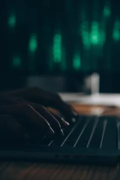 Hacker code in laptop. Cyber security, privacy or hack threat. Coder or pro.. Stock-Fotos