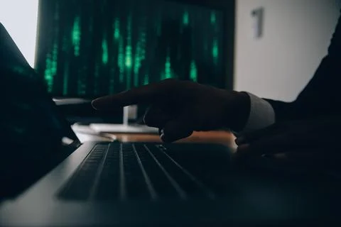 Hacker code in laptop. Cyber security, privacy or hack threat. Coder or pro.. Foto stock