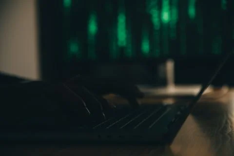 Hacker code in laptop. Cyber security, privacy or hack threat. Coder or pro.. Stock Photos